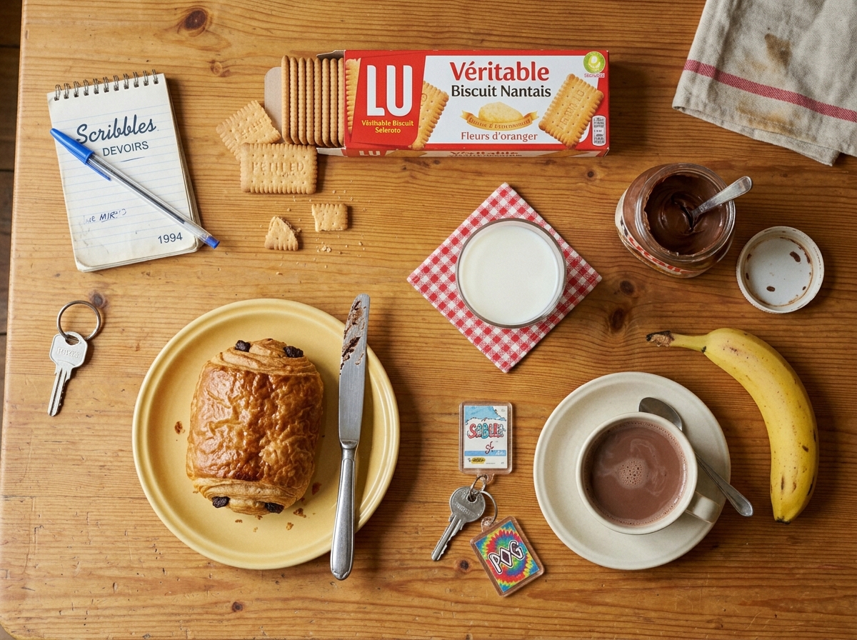 Goûter 90s sur table en bois : pain, lait, biscuits, banane